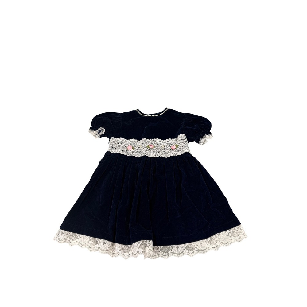 Evy Vintage Navy Blue Velvet Lace Floral Rosette Dress Kids 3T Made in USA